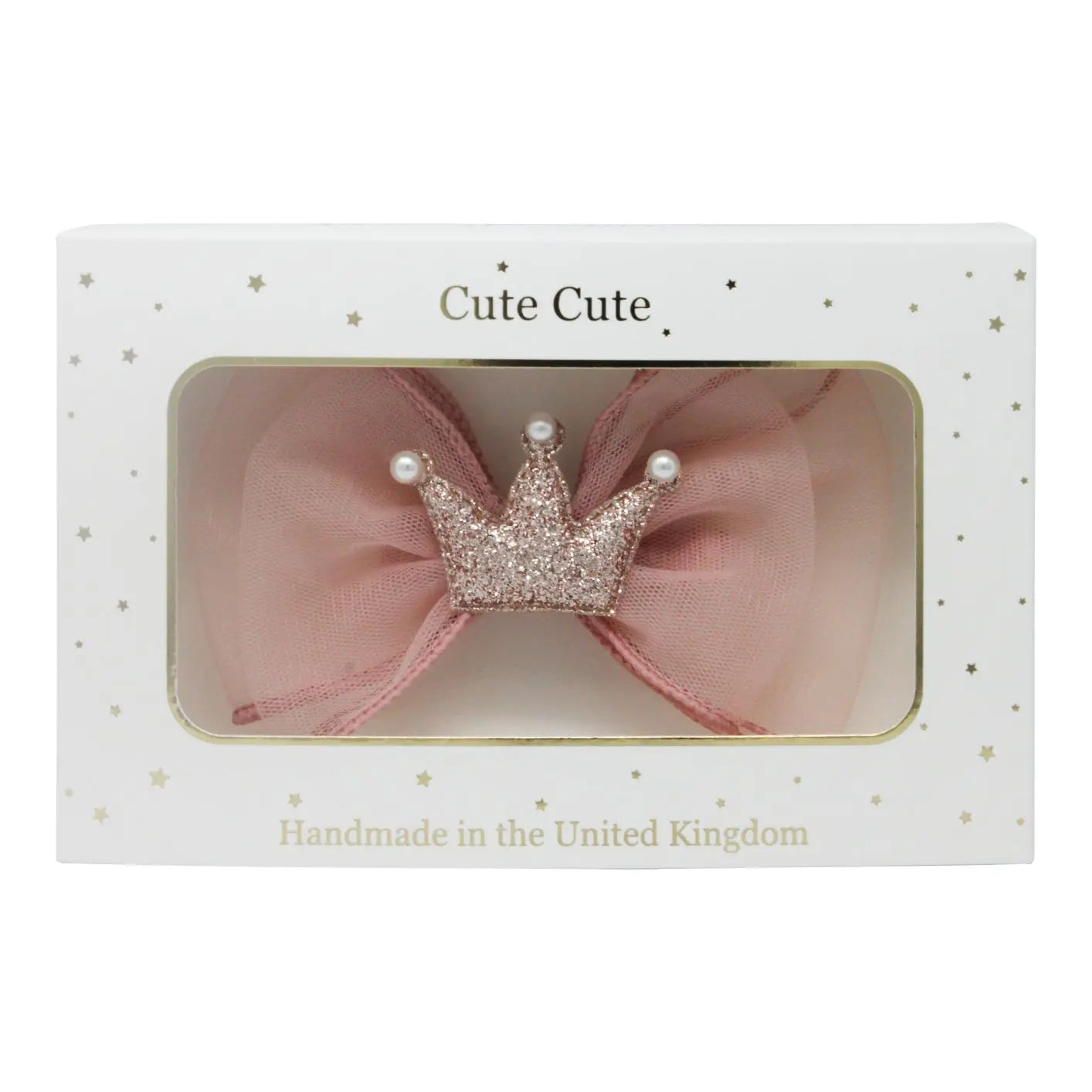Dusky pink chiffon large bow with glitter crown and pearls in a draw gift box. Cute Cute