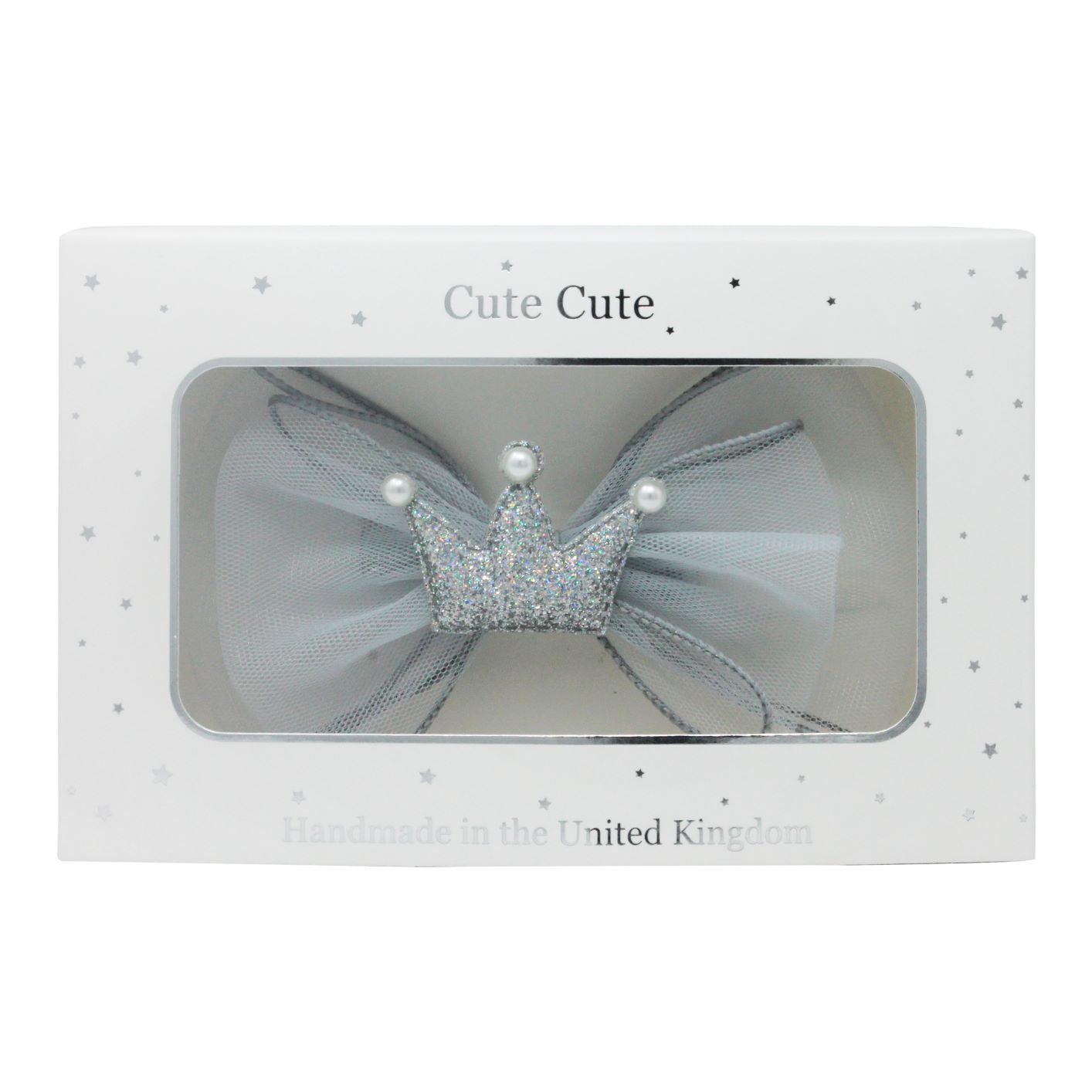Silver chiffon large bow with glitter crown and pearls in a draw gift box.