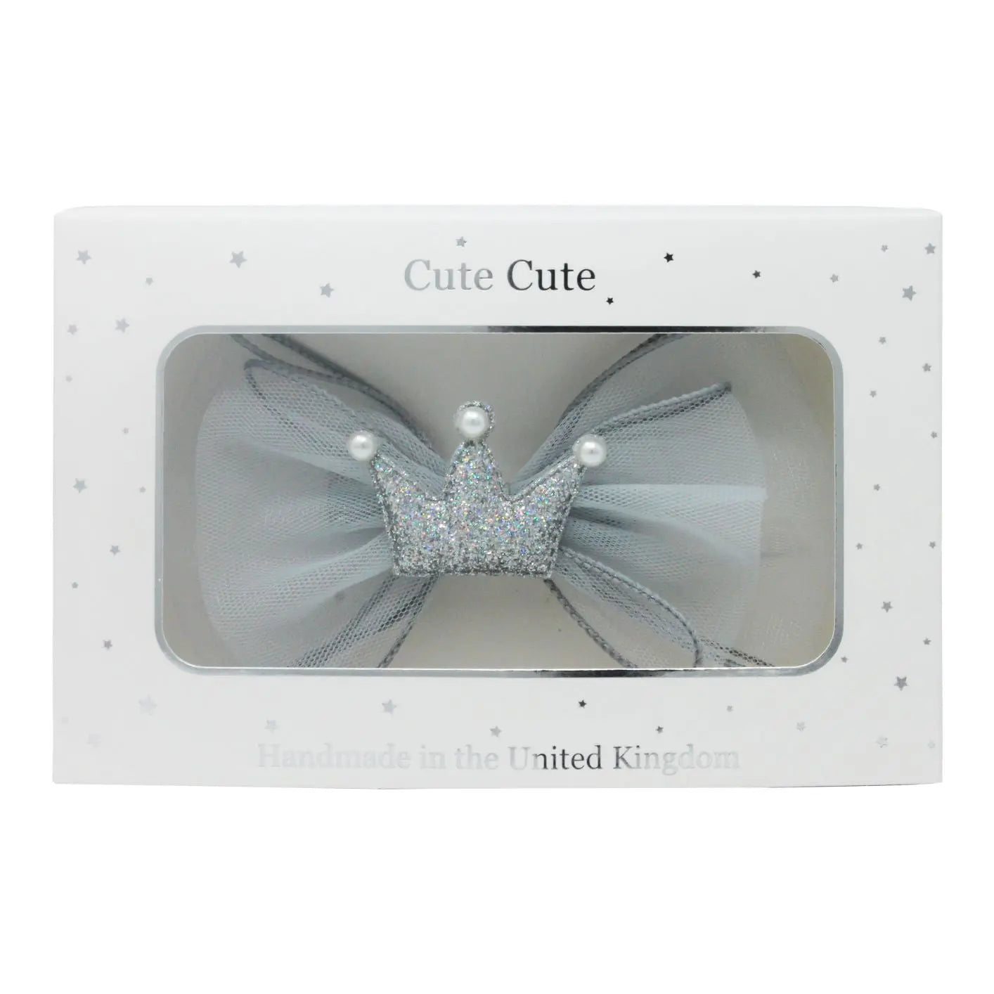 Silver chiffon large bow with glitter crown and pearls in a draw gift box. Cute Cute