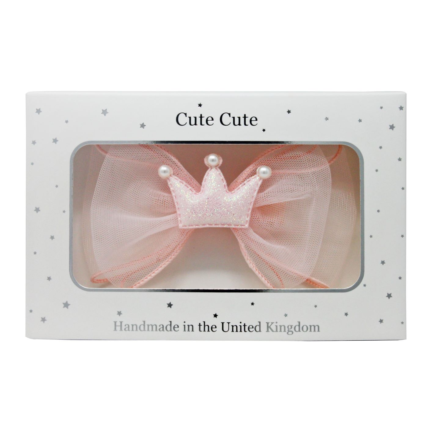 Light pink chiffon large bow with glitter crown and pearls in a draw gift box.