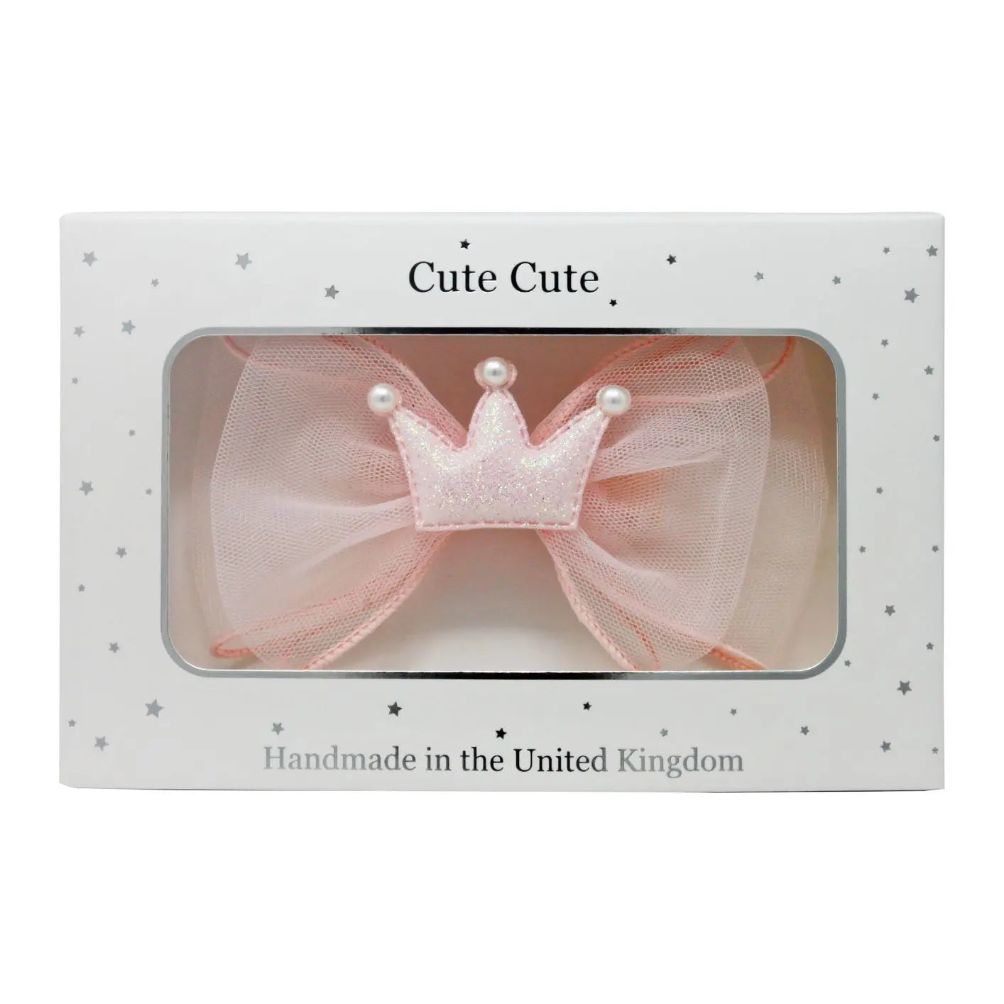 Light pink chiffon large bow with glitter crown and pearls in a draw gift box. Cute Cute