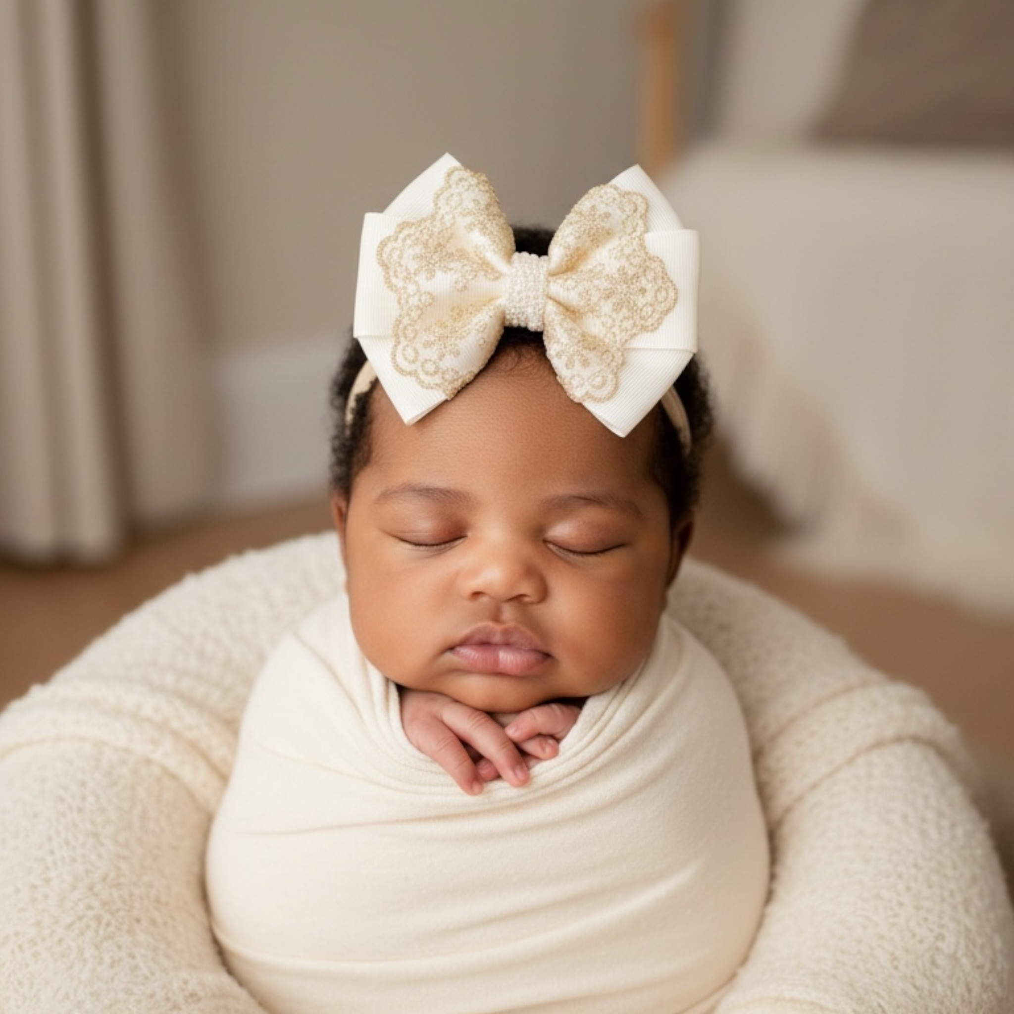 Oversized pink bow with gold lace and pearls on a headband
