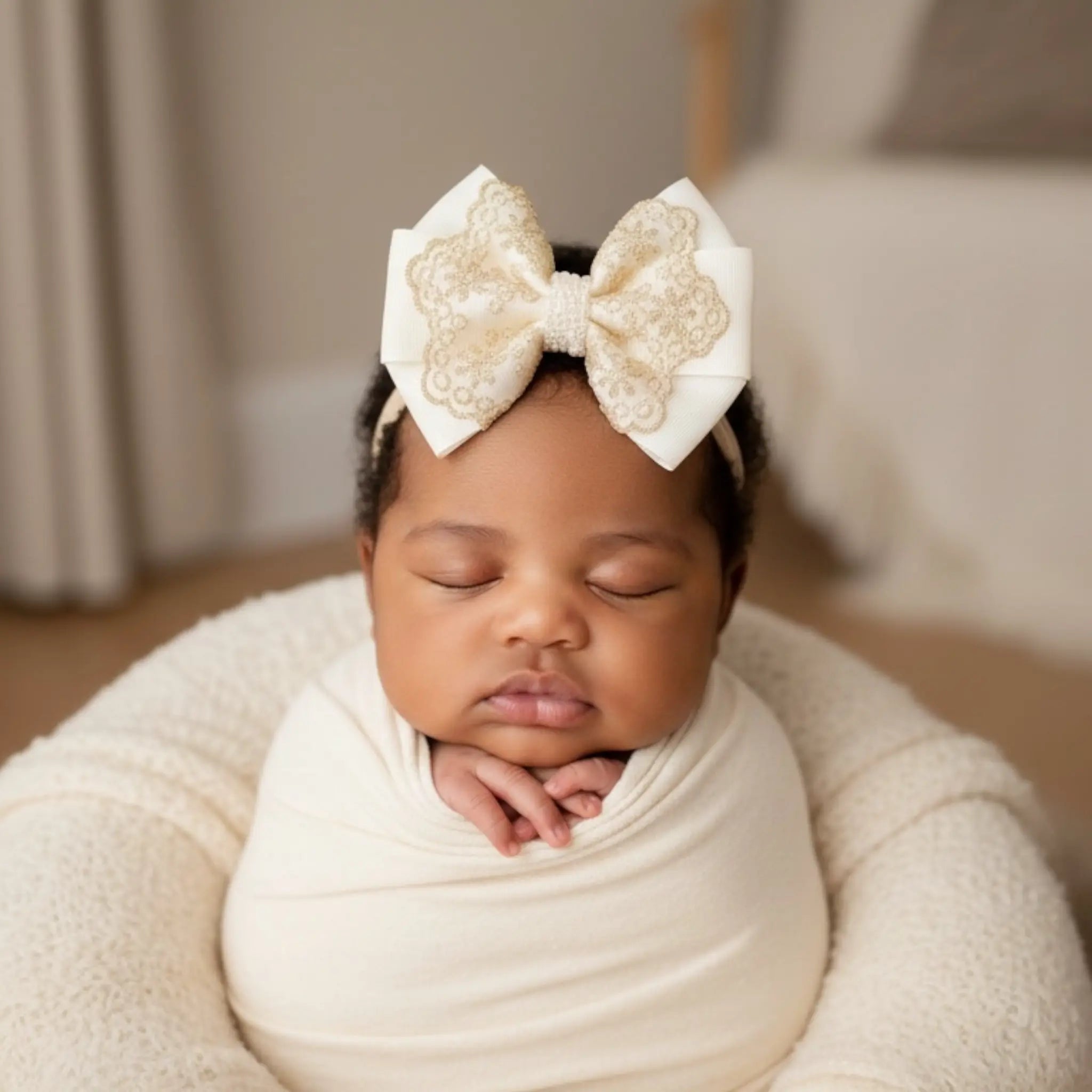 Oversized pink bow with gold lace and pearls on a headband Cute Cute