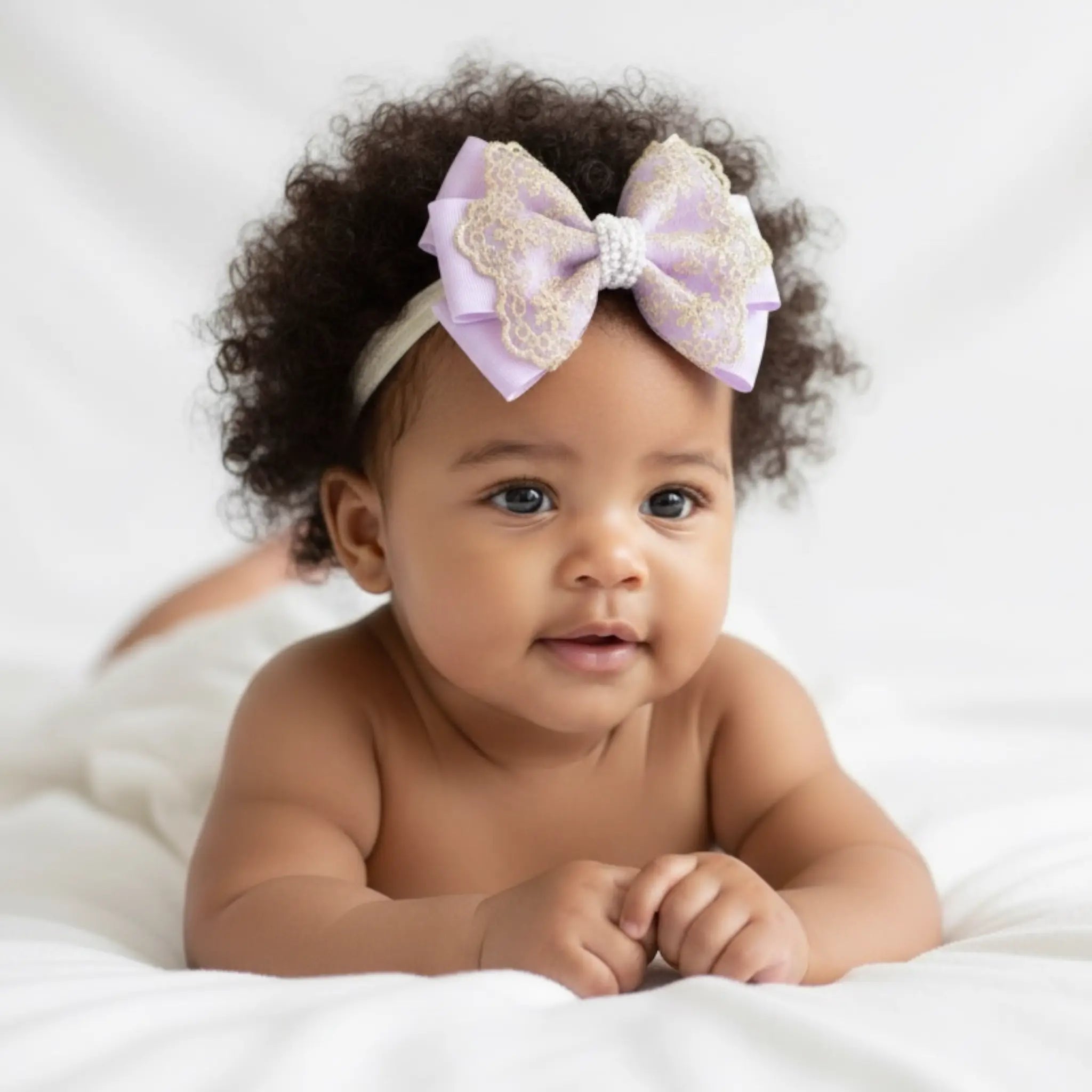 Oversized pink bow with gold lace and pearls on a headband Cute Cute