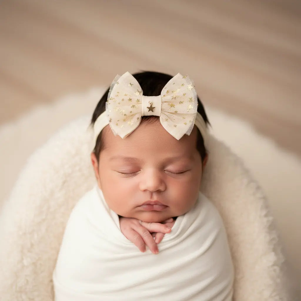 Fabric bow with gold stars on a headband Cute Cute