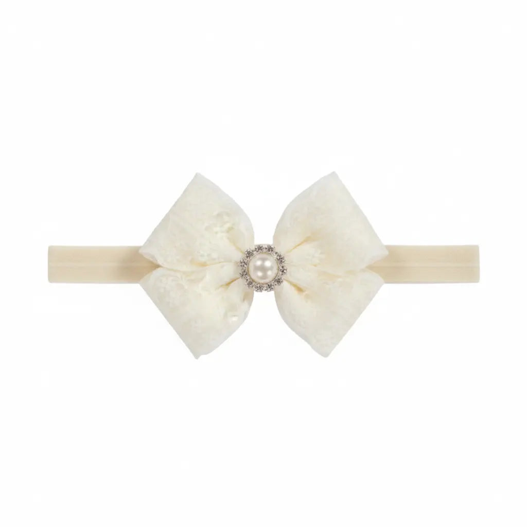 Satin and lace bow with pearl on a soft headband Cute Cute