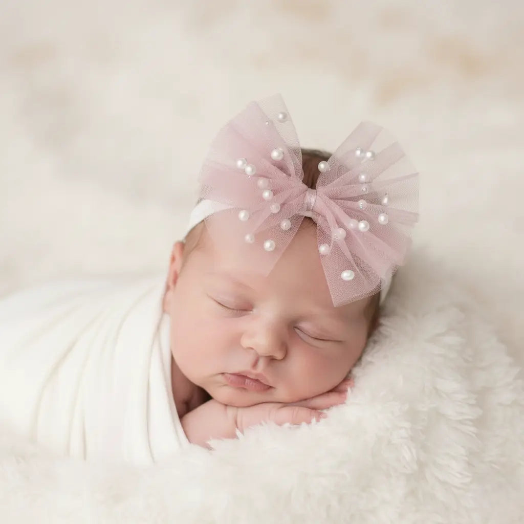Chiffon bow with pearls on a soft headband Cute Cute