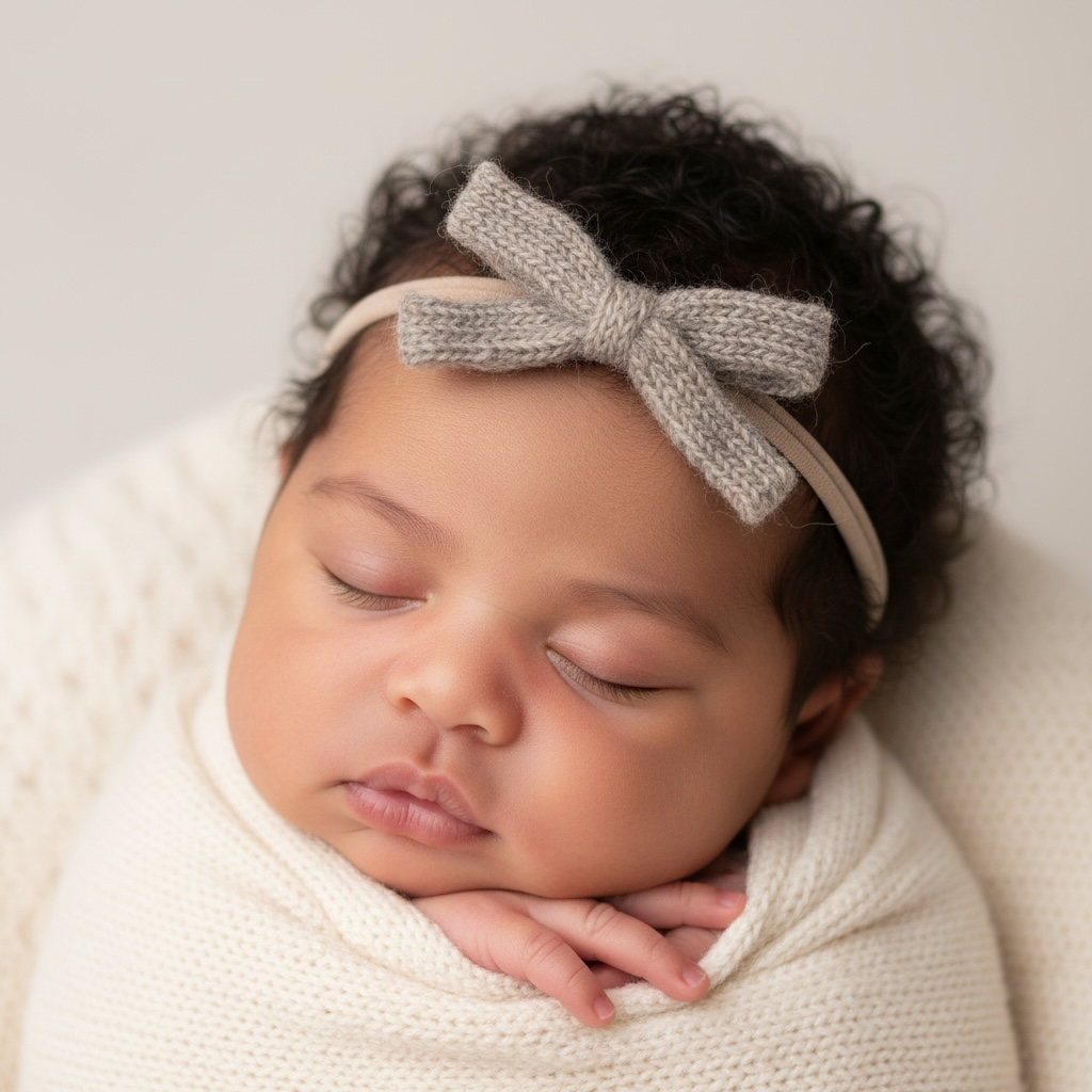 Woolen gray bow on a skinny soft nylon headband