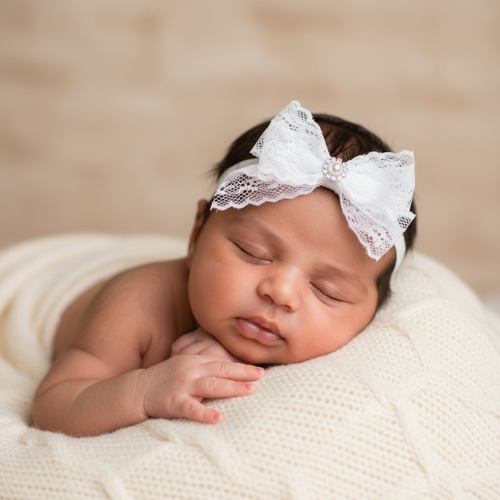 White lace bow with rhinestone on a soft headband