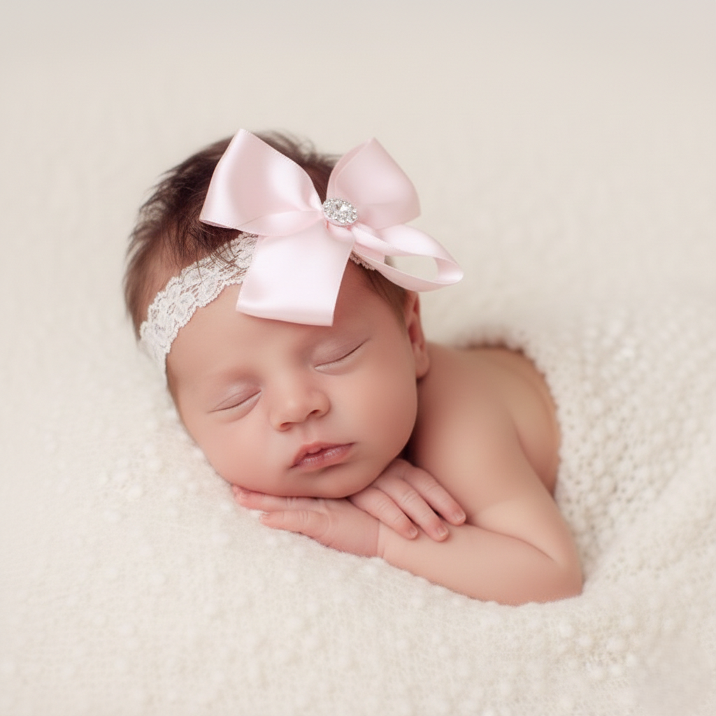 Satin bow with rhinestone on soft lace