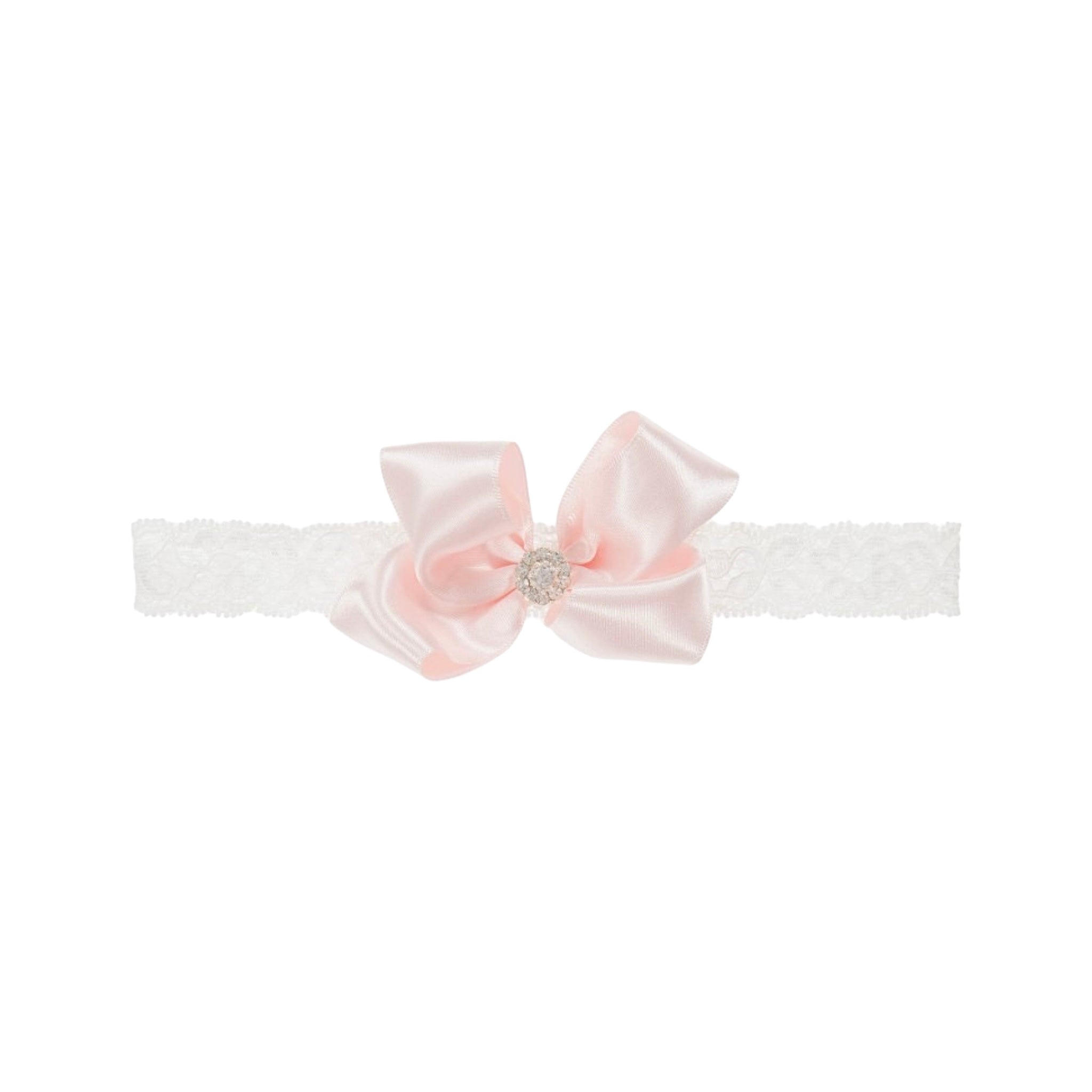 Satin bow with rhinestone on soft lace
