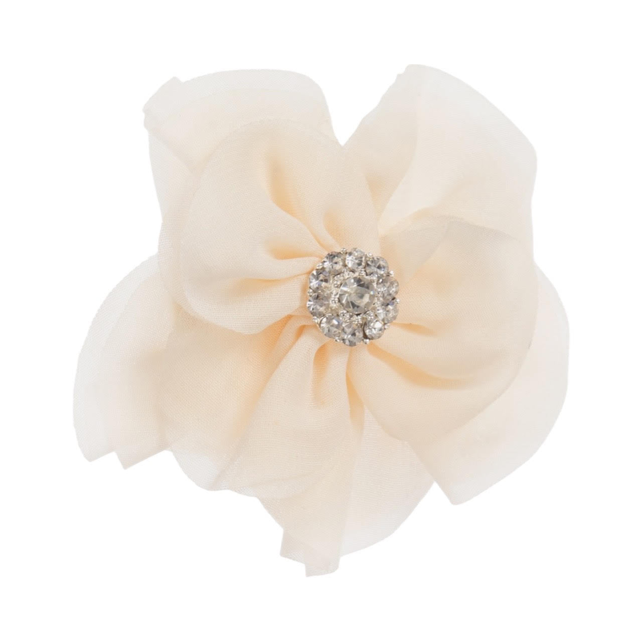 Ivory chiffon flower with rhinestone on an alligator clip.