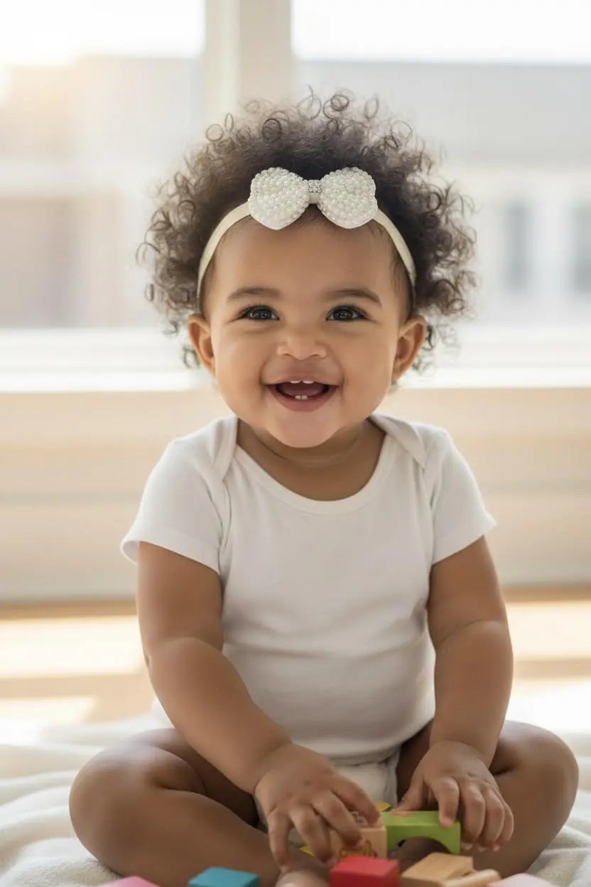 Medium pearl bow with rhinestone on a soft ivory headband Cute Cute