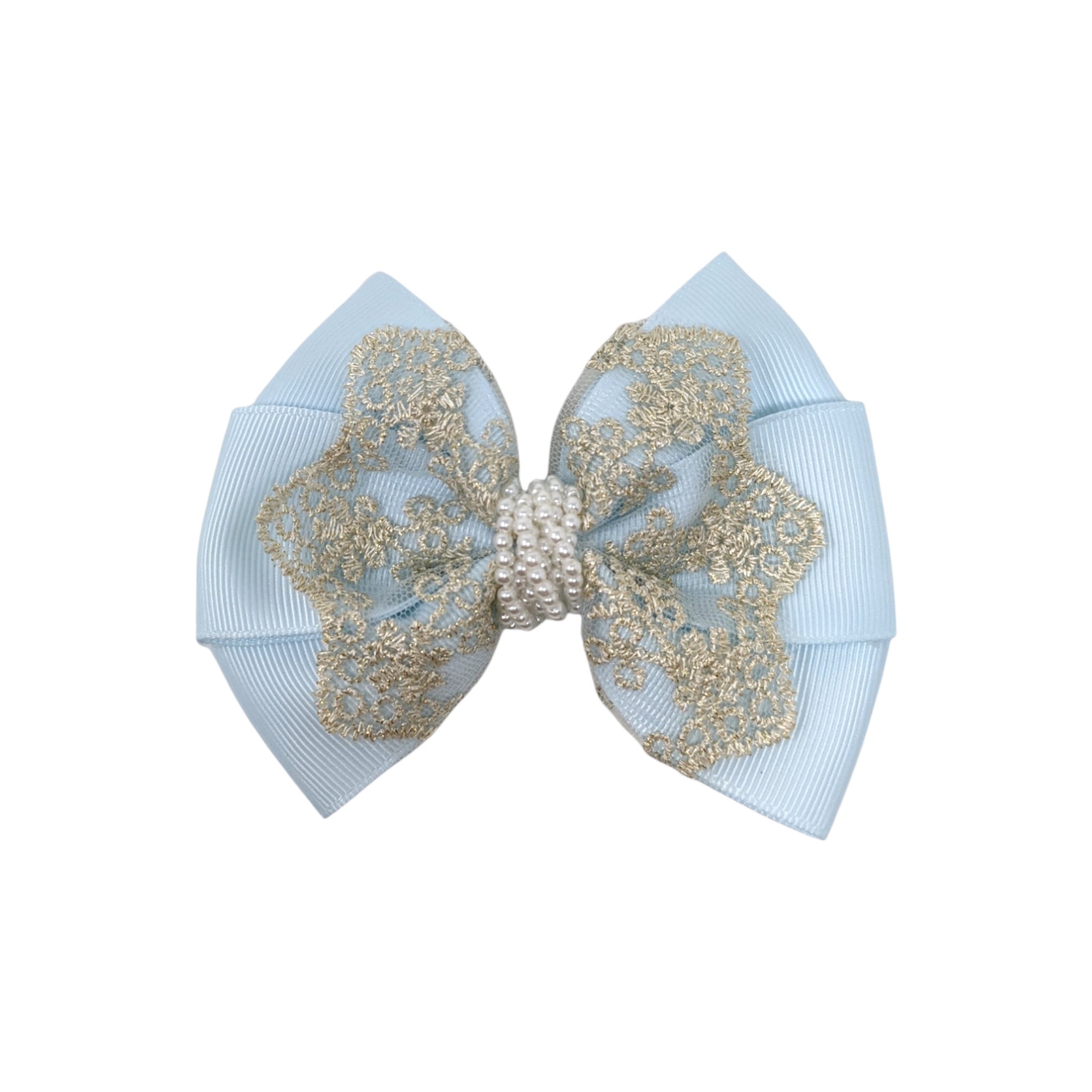 Oversized bow with gold lace and pearls