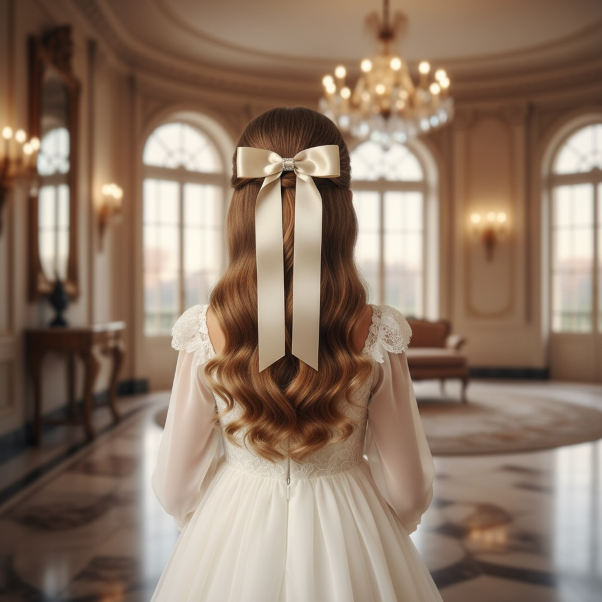 Single satin bow with diamante rhinestone and tails