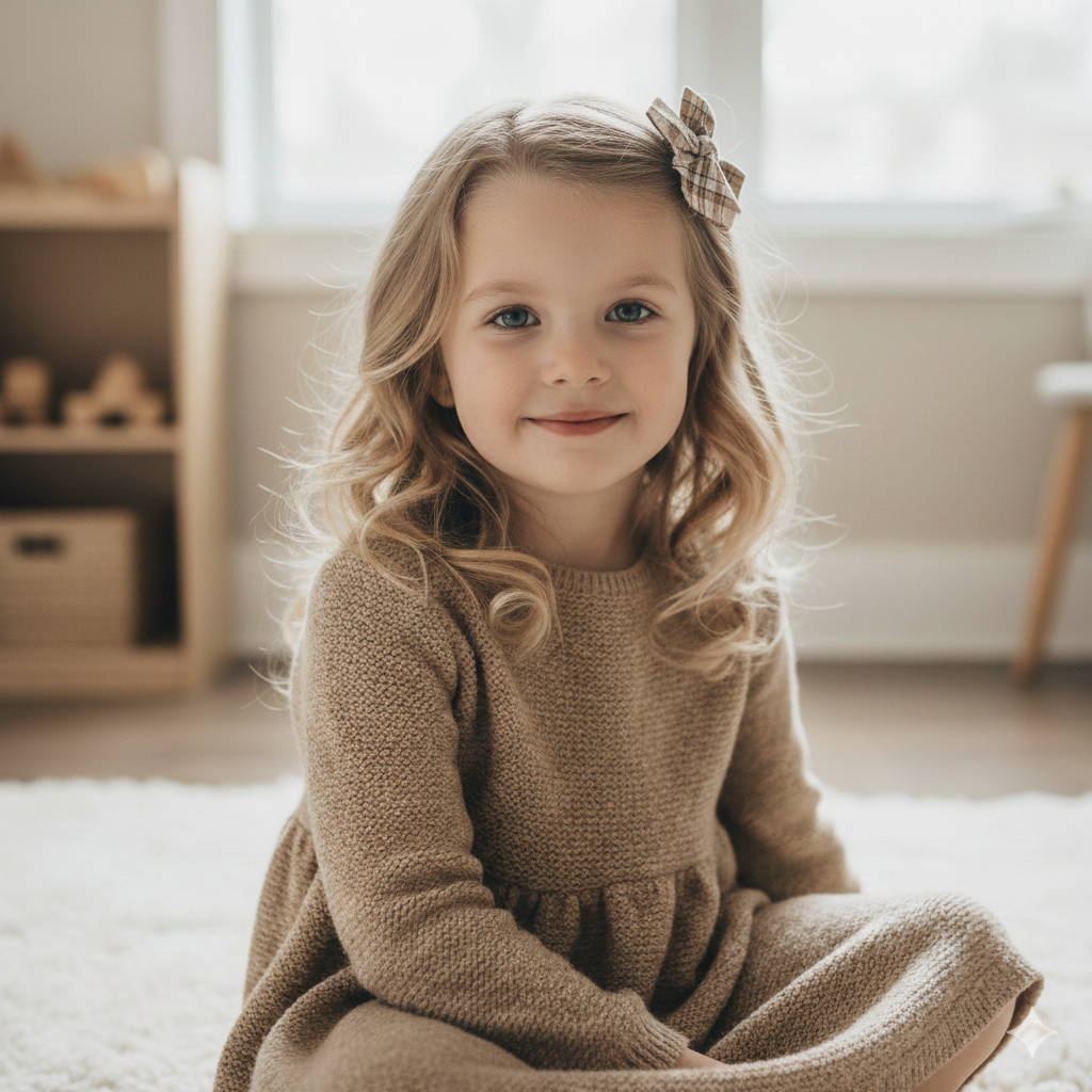 Brown and beige checked fabric bow