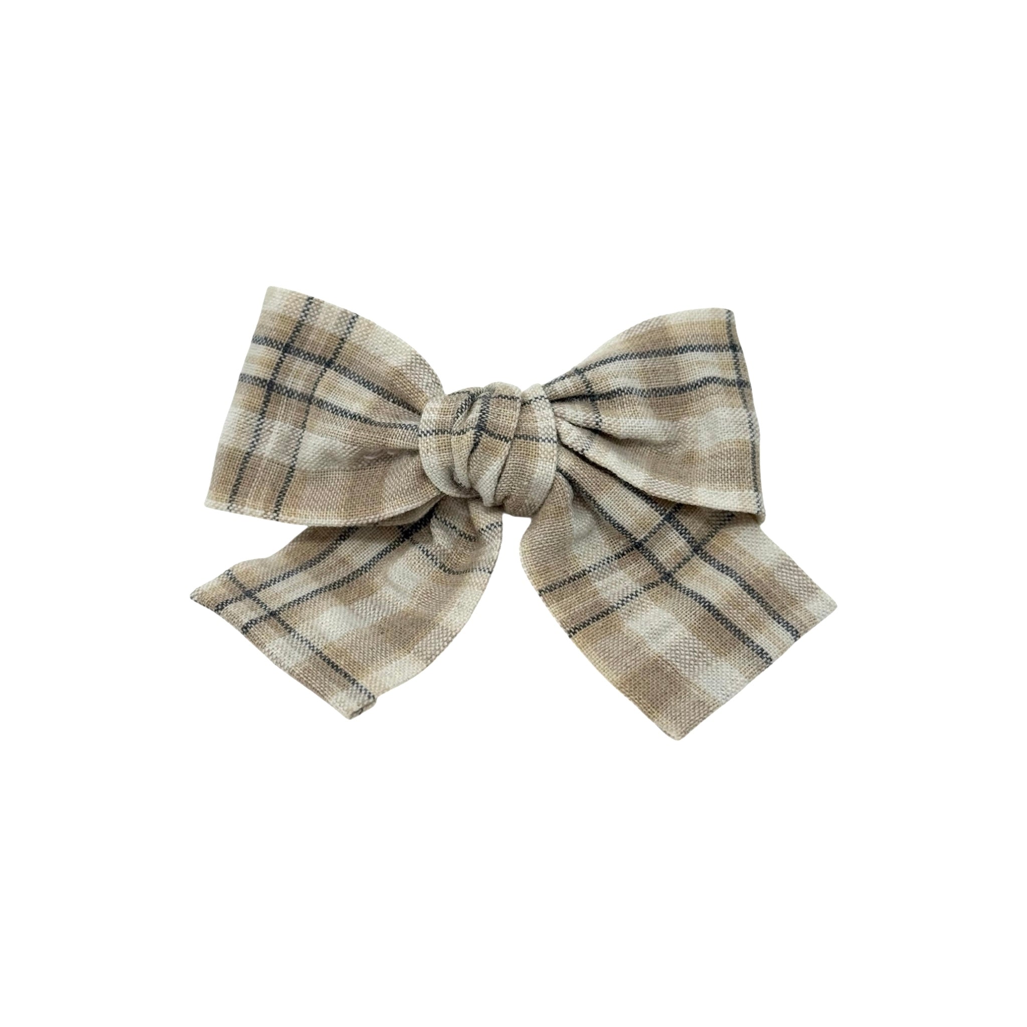 Brown and beige checked fabric bow