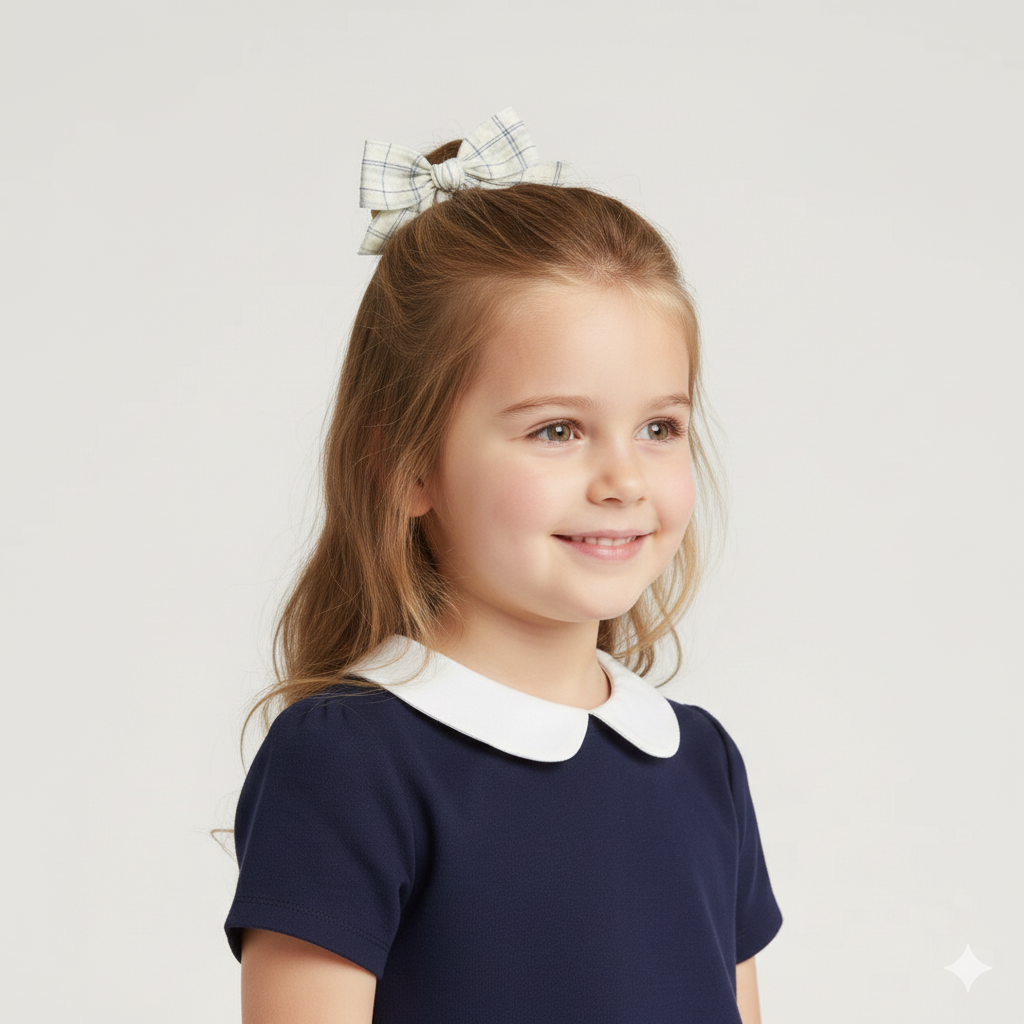 Ivory and blue checked fabric bow