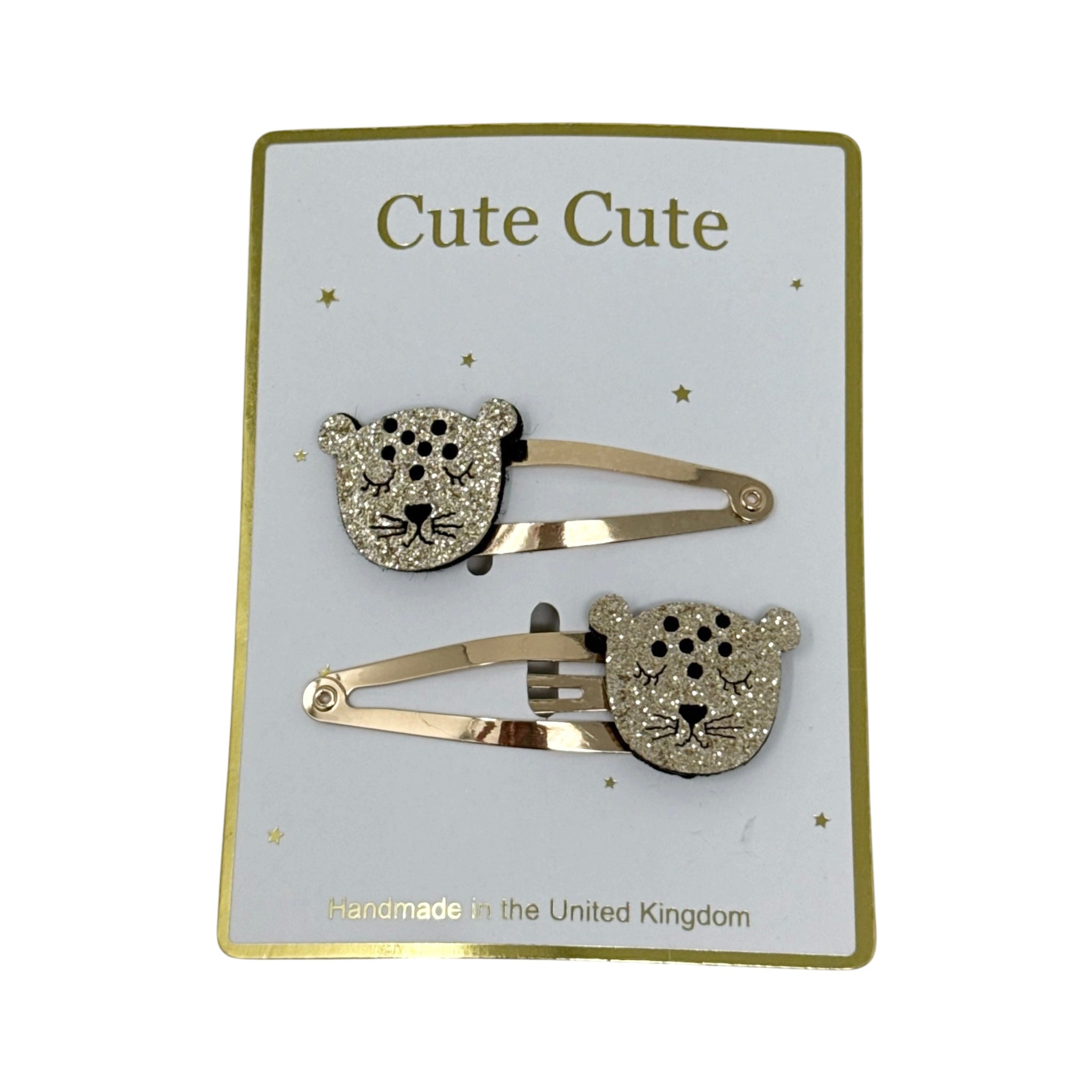 Set of two glitter gold leopards on snap clips