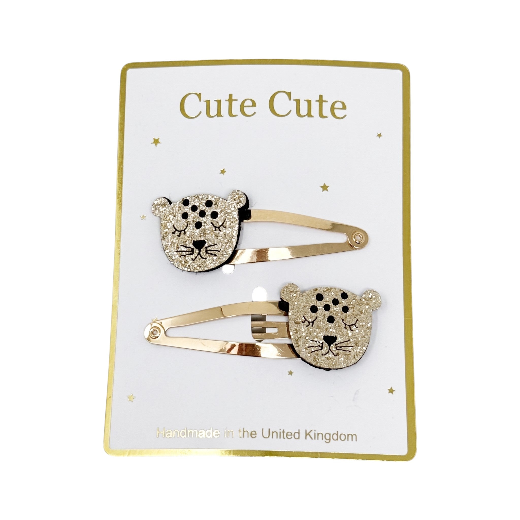 Set of two glitter gold leopards on snap clips