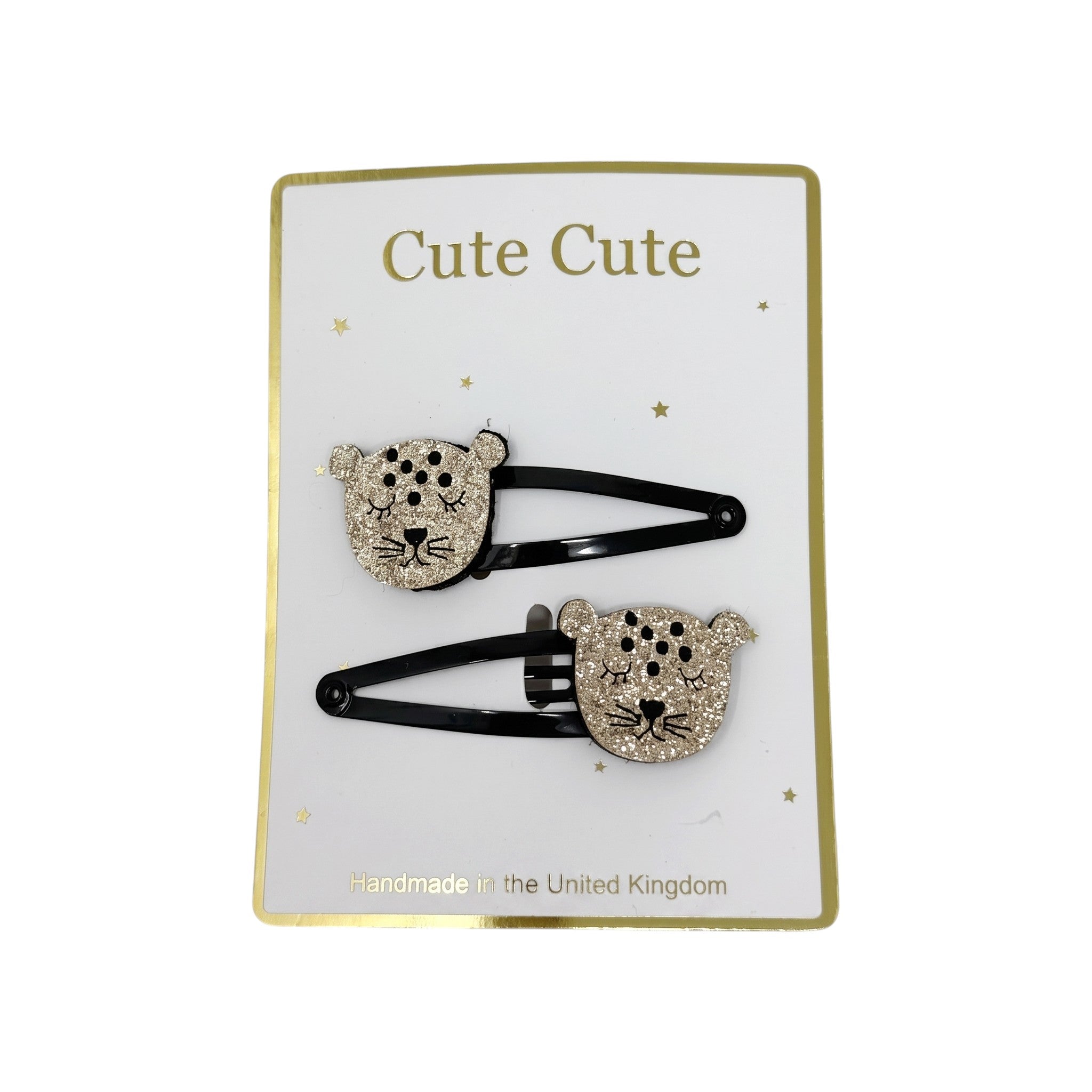 Set of two glitter gold leopards on snap clips