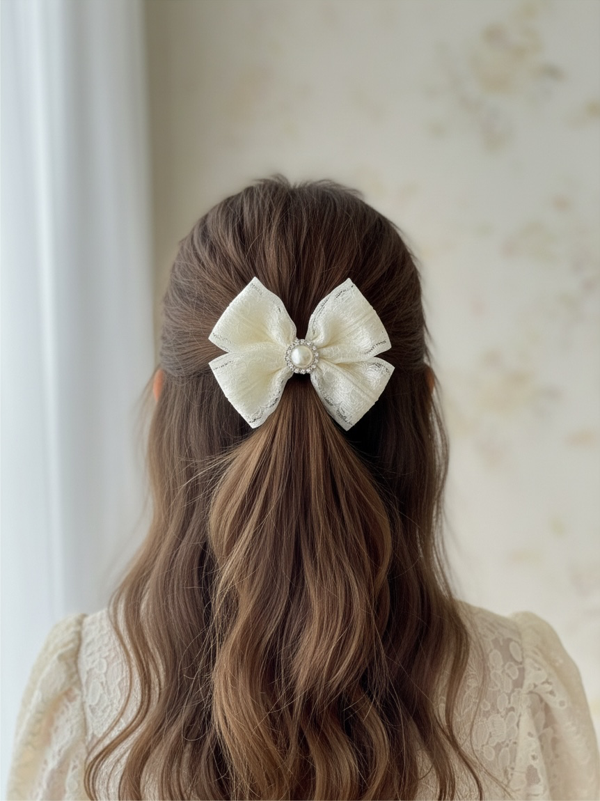 Large double bow with lace and pearl rhinestone on a clip