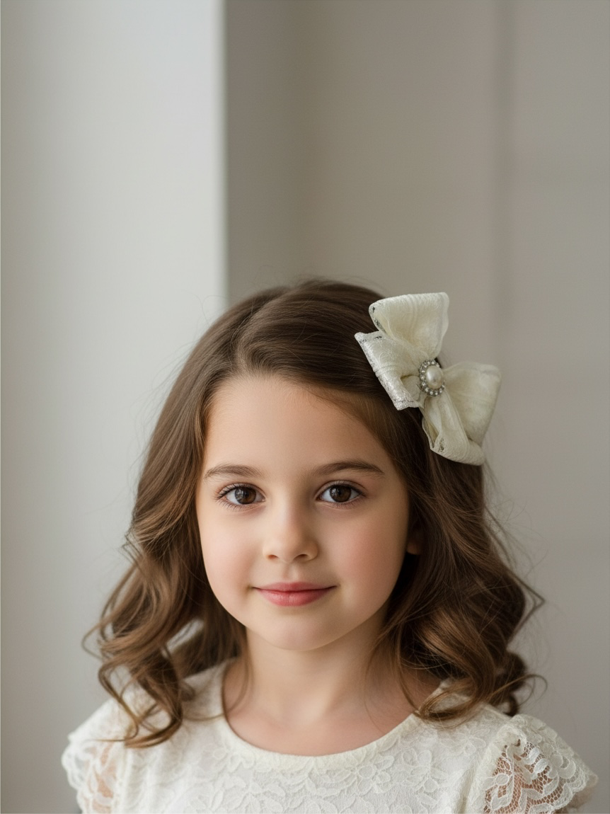 Large double bow with lace and pearl rhinestone on a clip