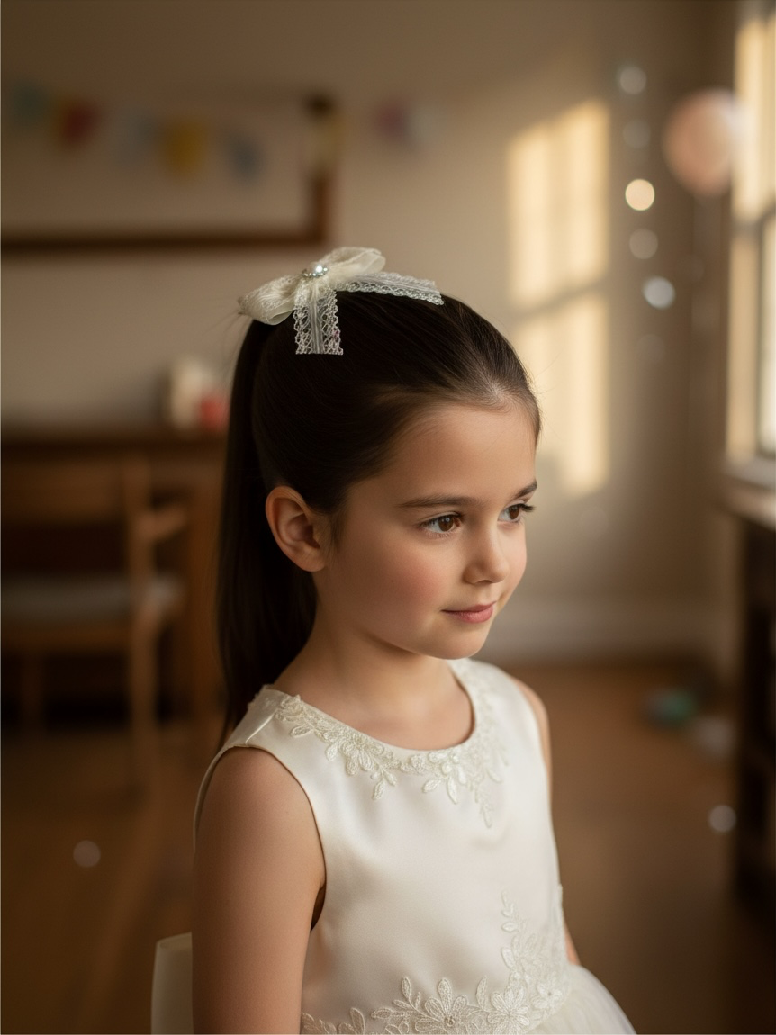 Ivory lace bow with long tails on a clip