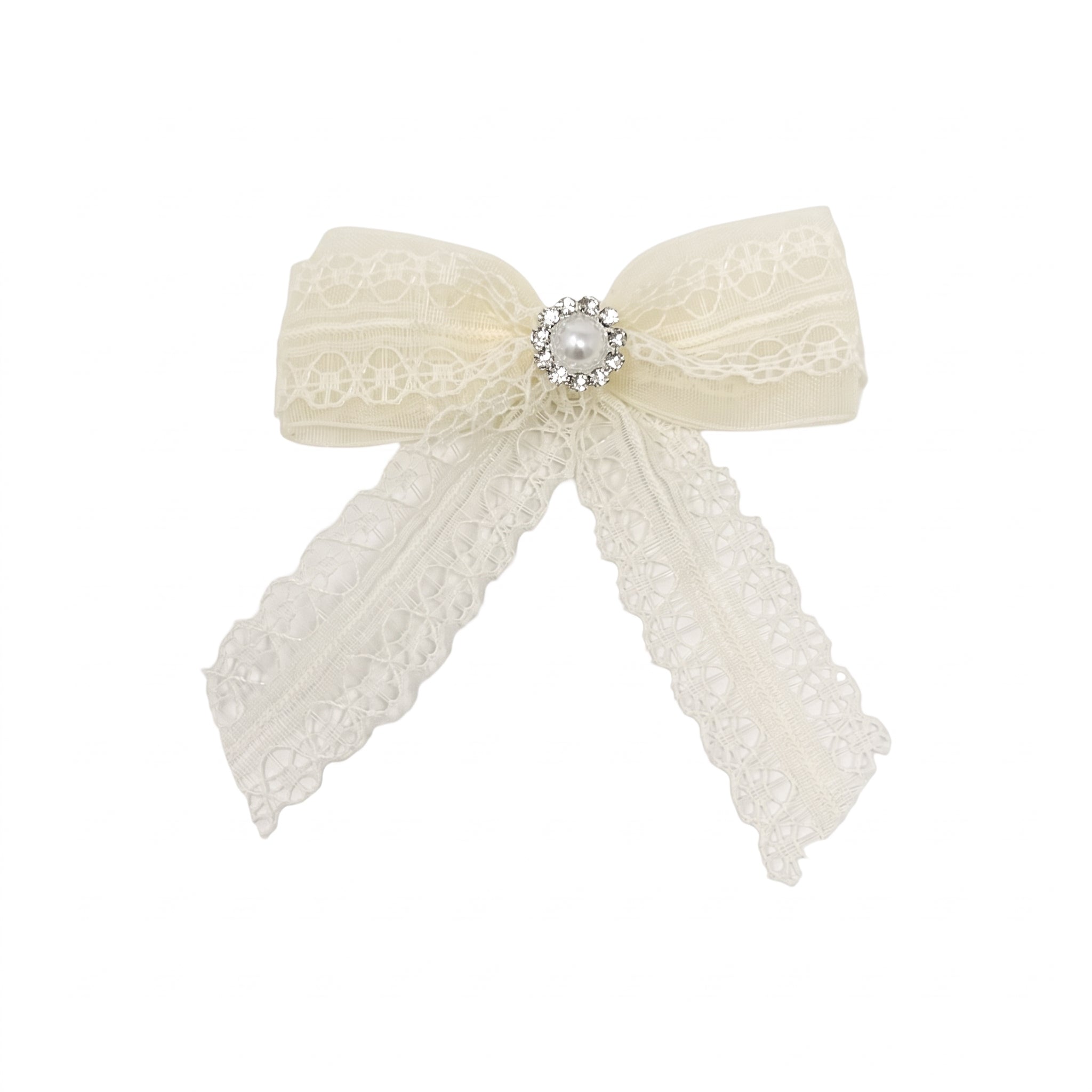 Ivory lace bow with long tails on a clip