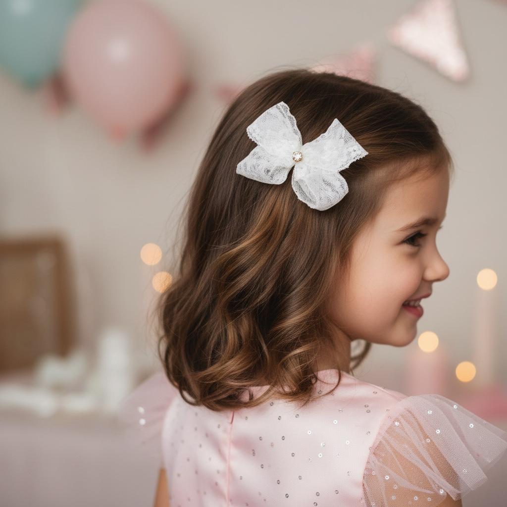 Ivory double lace bow with rhinestone on a clip