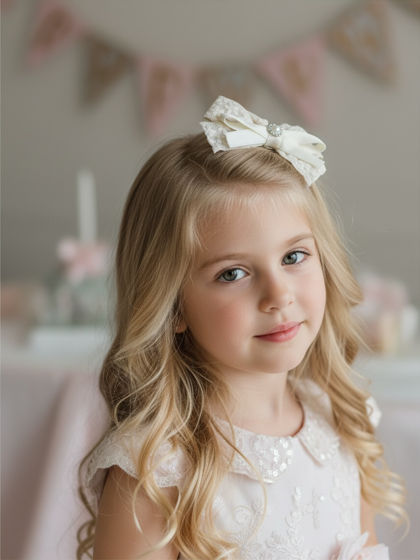 Ivory lace bow with pearl rhinestone on a clip