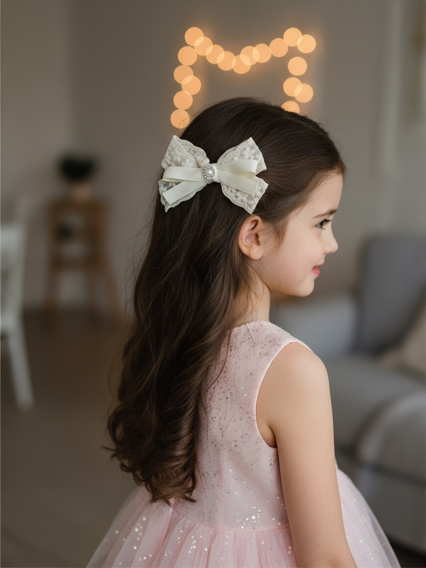 Ivory lace bow with pearl rhinestone on a clip