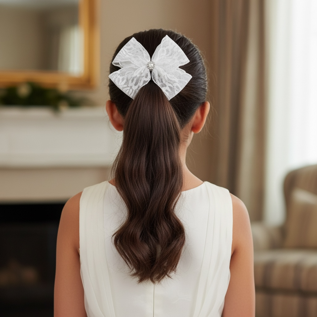 Large lace bow with rhinestone on a clip