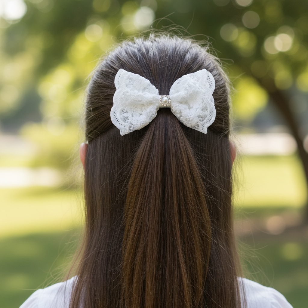 Lace off white bow with a faux pearl and rhinestone button on a clip