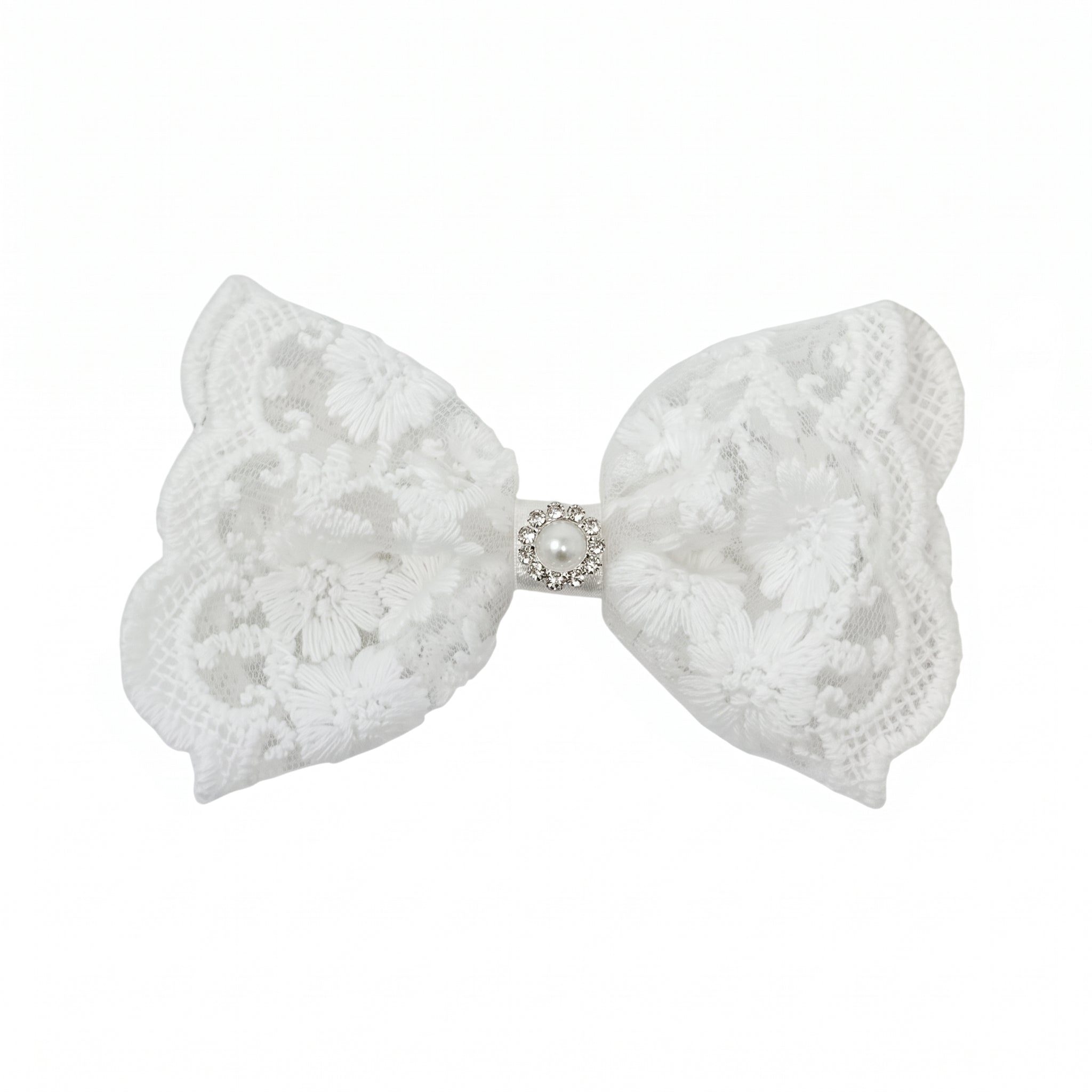 Lace off white bow with a faux pearl and rhinestone button on a clip