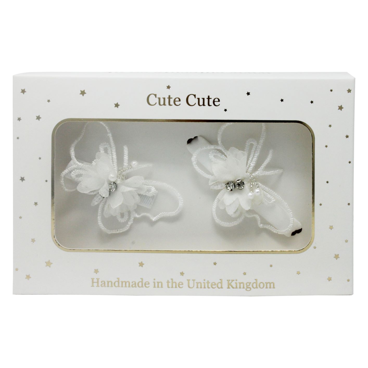 Delicate lace off white butterflies with pearls and rhinestones, set- clip and bracelet.