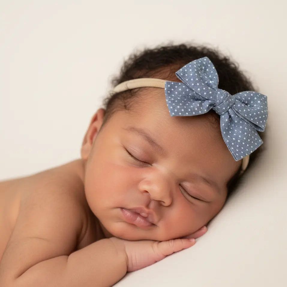 Polka dot blue fabric bow on a headband Cute Cute