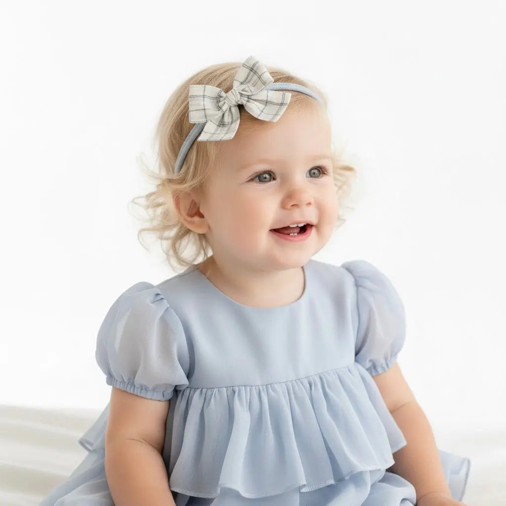 Blue checked bow fabric bow on a headband Cute Cute