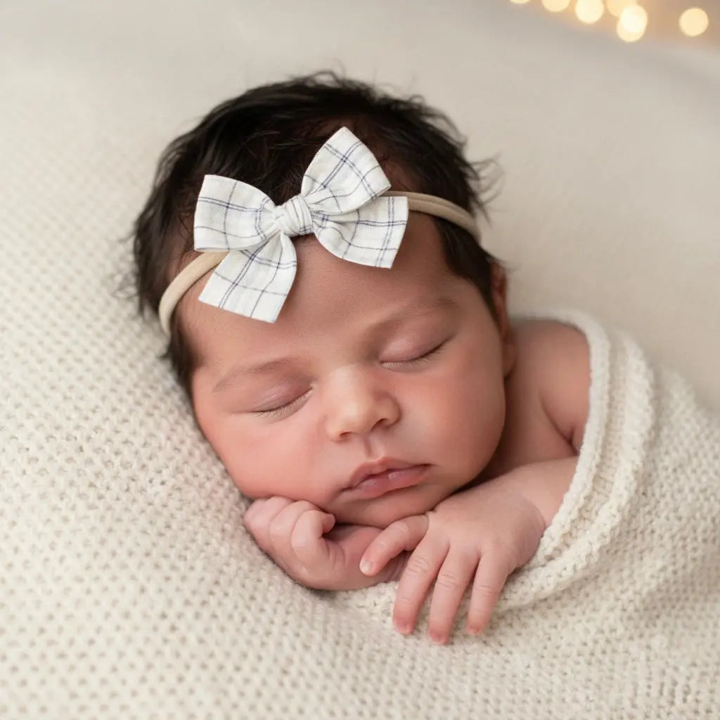 Blue checked bow fabric bow on a headband Cute Cute