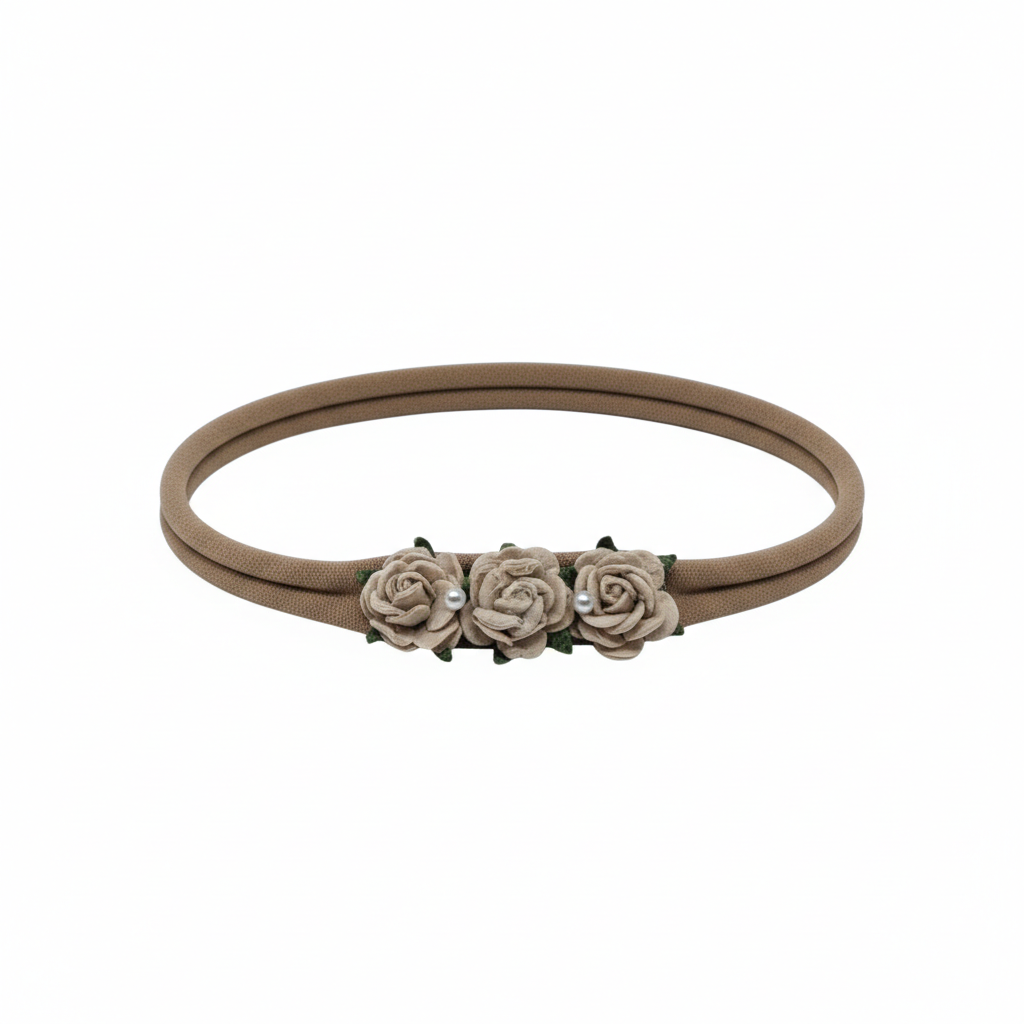 Nude elastic headband with three mulberry roses in brown