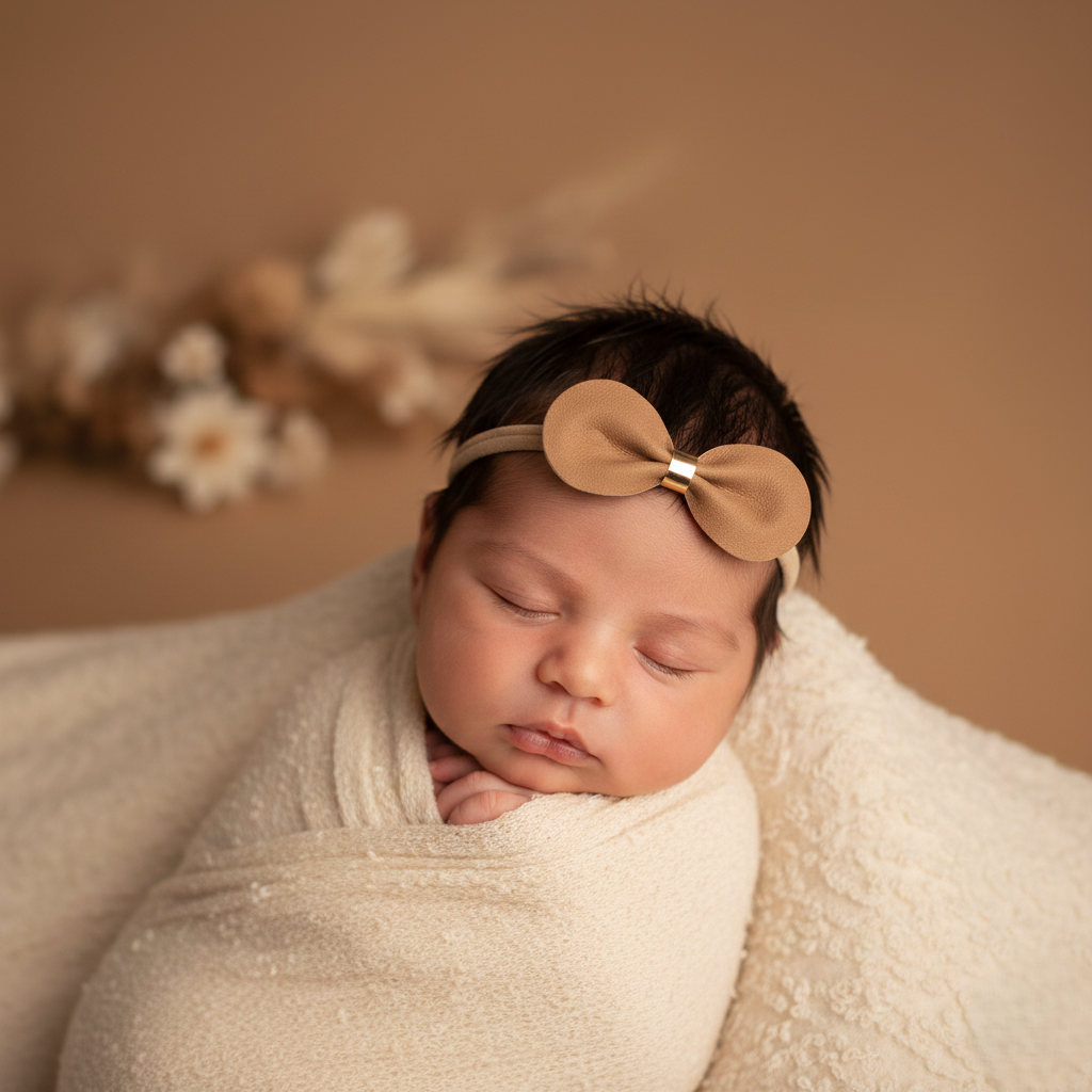 Brown faux suede bow on nude elastic headband