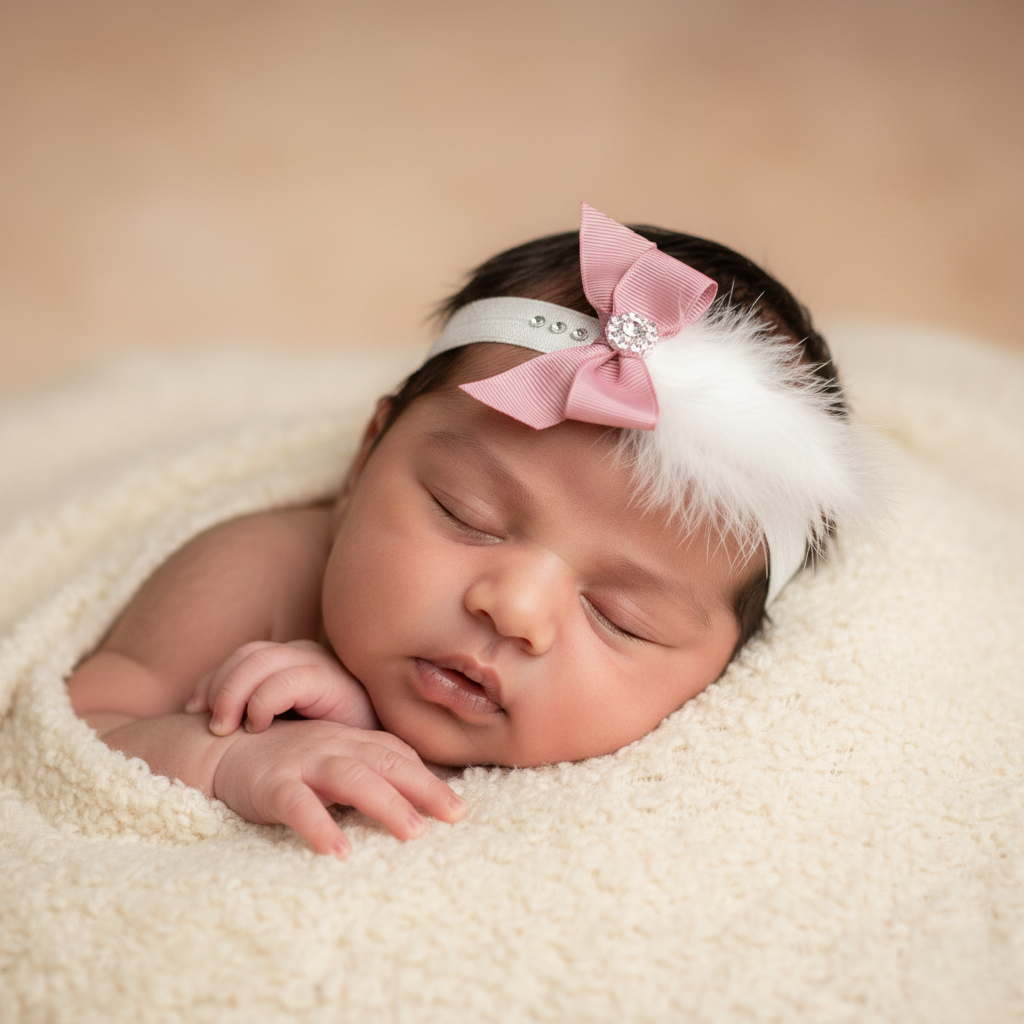 Grosgrain bow with off white feather with rhinestone on a headband