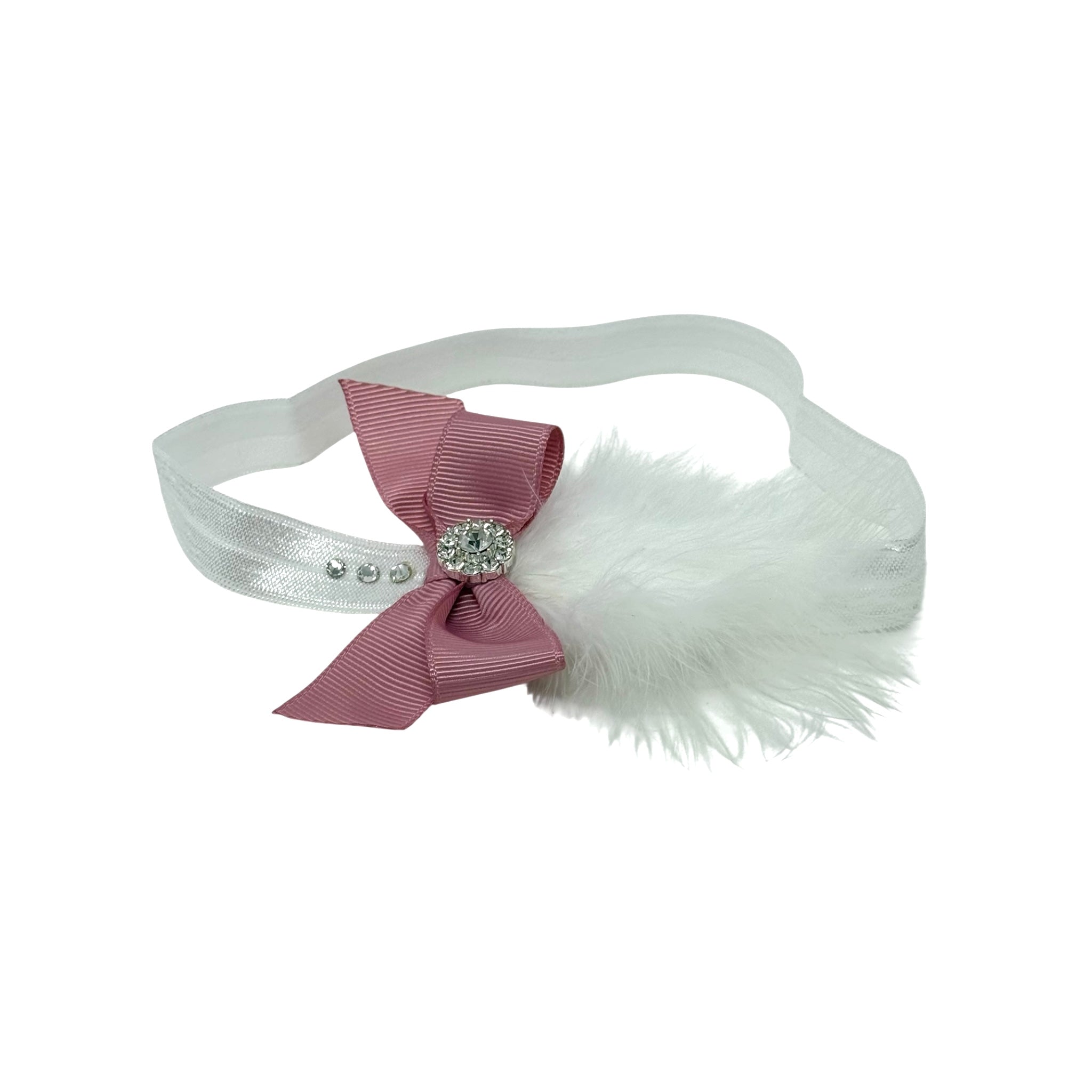 Grosgrain bow with off white feather with rhinestone on a headband