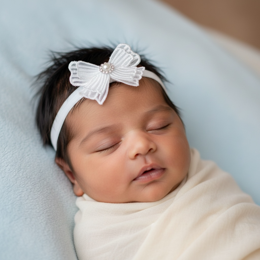 Off white lace bow with rhinestone on a soft headband