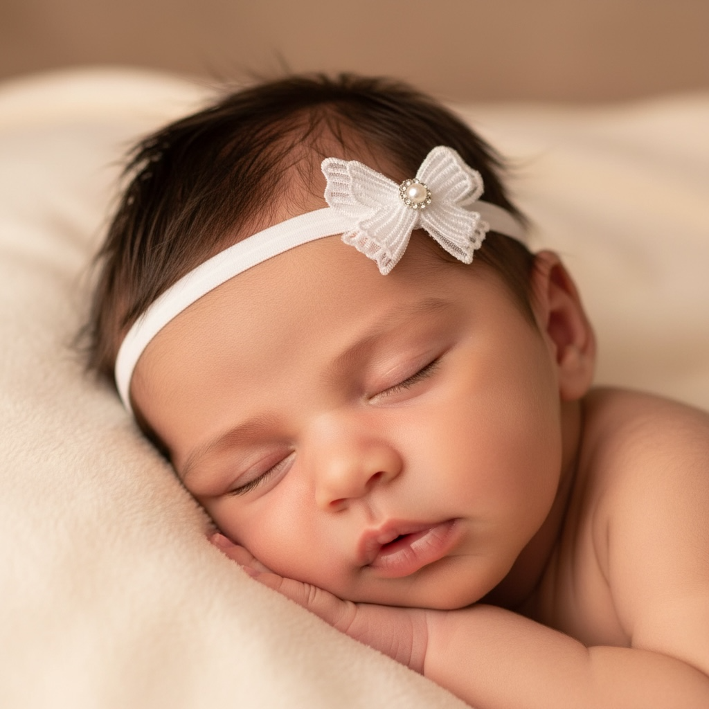 Off white lace bow with rhinestone on a soft headband