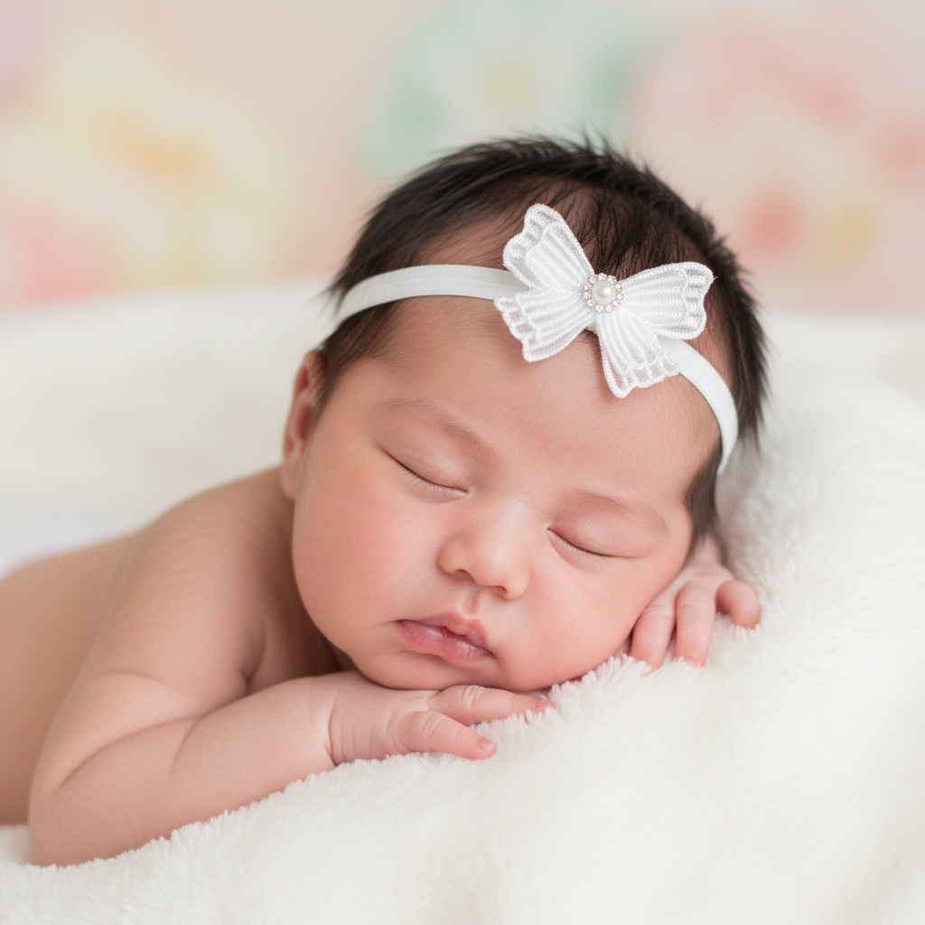 Off white lace bow with rhinestone on a soft headband