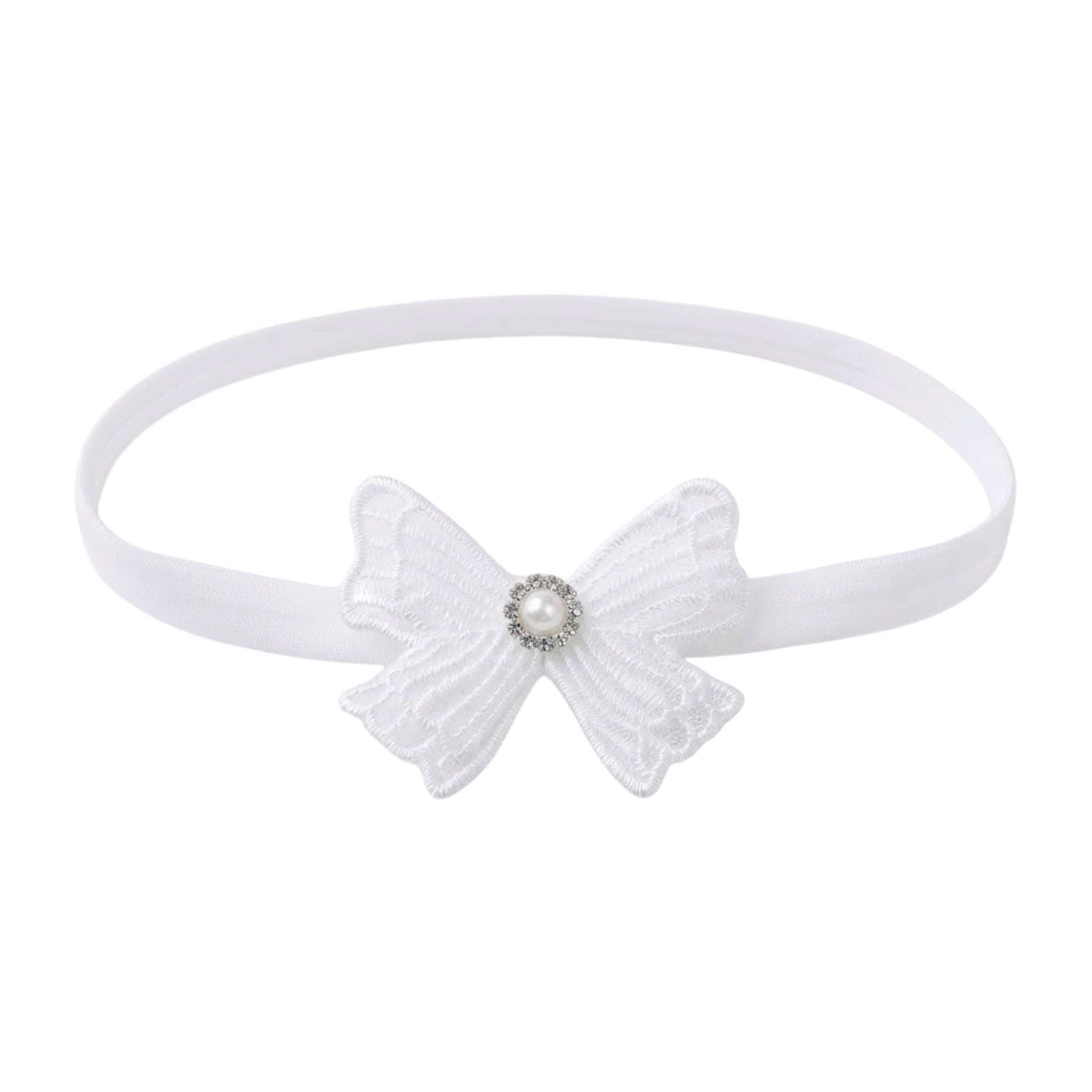 Off white lace bow with rhinestone on a soft headband