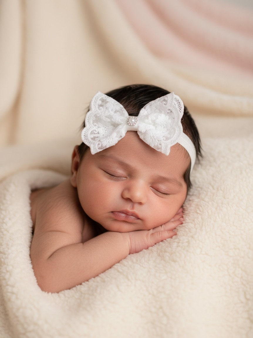 Lace off white bow with rhinestone on a soft headband
