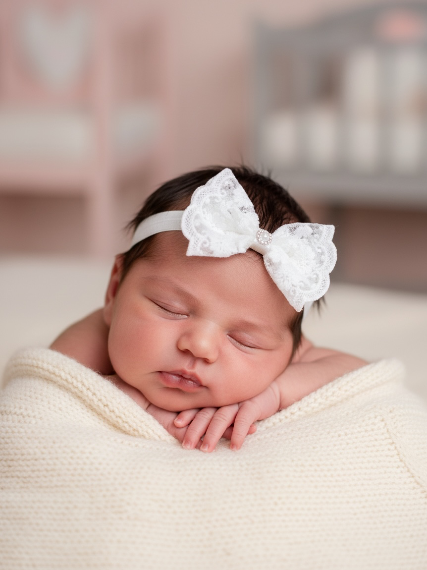 Lace off white bow with rhinestone on a soft headband