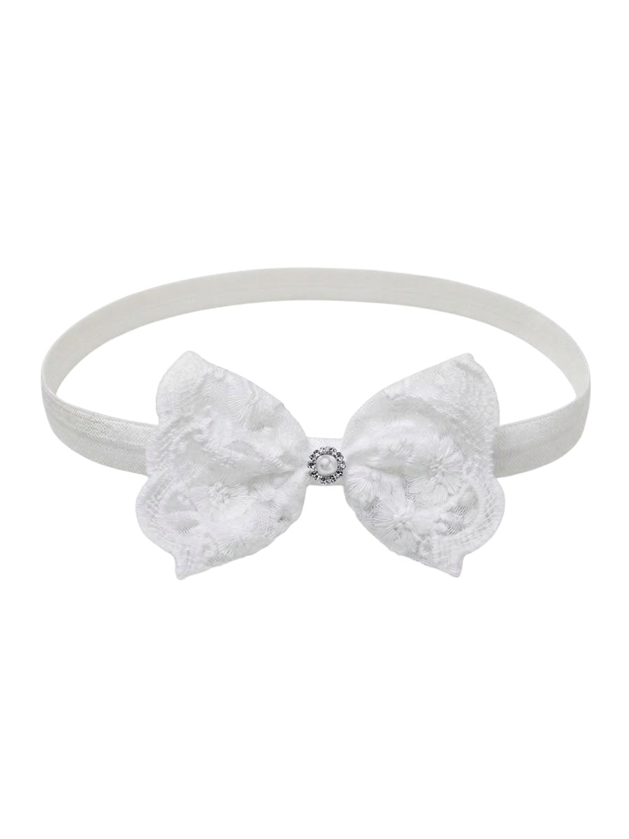 Lace off white bow with rhinestone on a soft headband